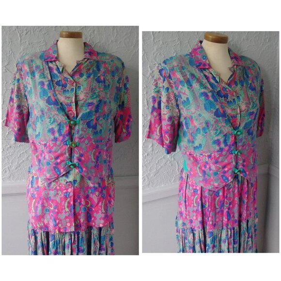 'Rainbow Jo' 3 pc set - Skirt, Shirt, Vest- Pink and Turquoise, 60's replica - Picture 7 of 10
